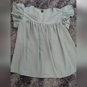 SHEIN Light Green Puff Sleeve Blouse With Button Back Detail